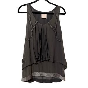 Saivana Grey Silk Beaded Y2K Tiered Sleeveless Blouse Womens S Sheer Silver Top